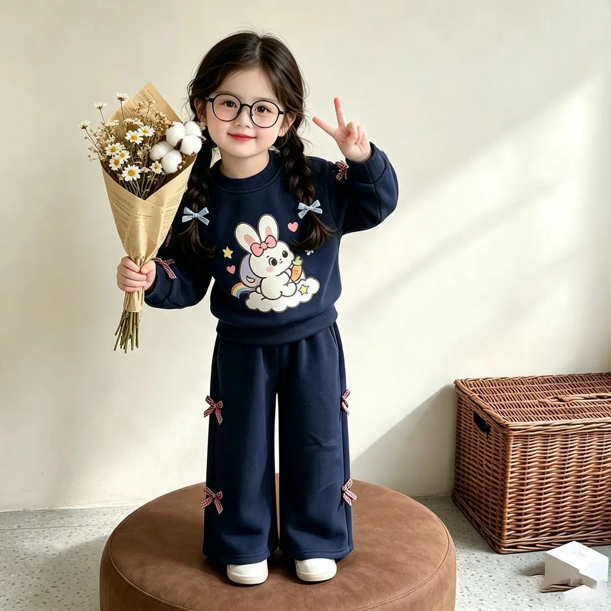 Mädchen Cartoon-Häschen-Sweatshirt & Weitbein-Hosen-Set – 2-teiliges Outfit im koreanischen Stil für ältere Kinder, Frühling Herbst Casual – Detail 9