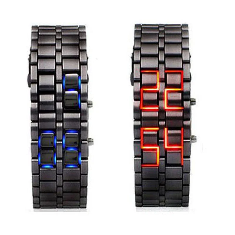 Fashion Sport Watch Men Quartz Clock Metal Digital Iron Metal Blue LED Samurai for Men Binary lava Watch Relogio Masculino