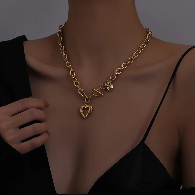 Fashion Heart Stainless Steel Women Pendant Necklaces Luxury Design OT Buckle Exaggerated Thick Chain Necklace Jewelry