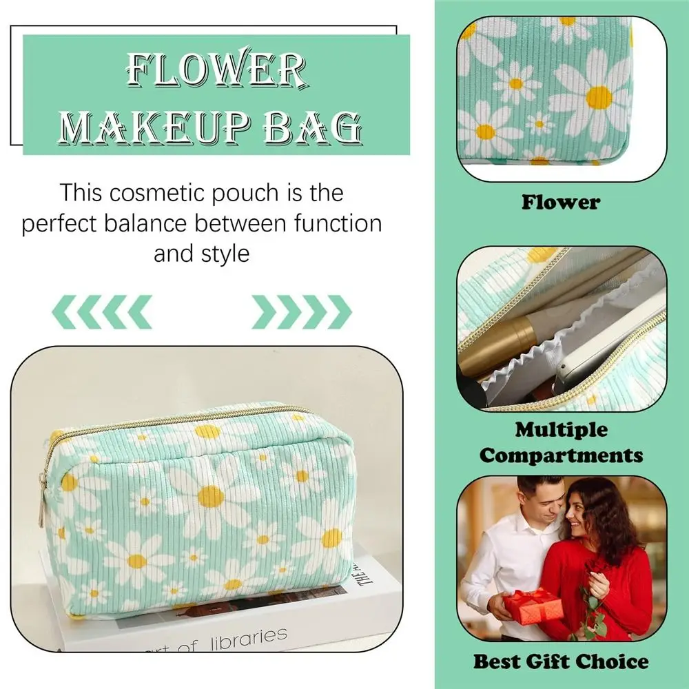 Large Capacity Corduroy Makeup Bag Stylish Makeup Brush Skincare Printed Toiletry Organizer Bag Travel Cosmetic Bags for Women