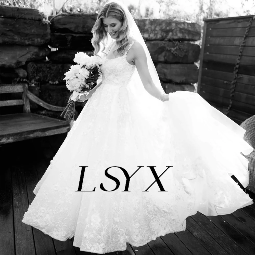 LSYX Square-Neck Sleeveless Appliques A-Line Tulle White Wedding Dress Open Back Court Train Bridal Gown Custom Made