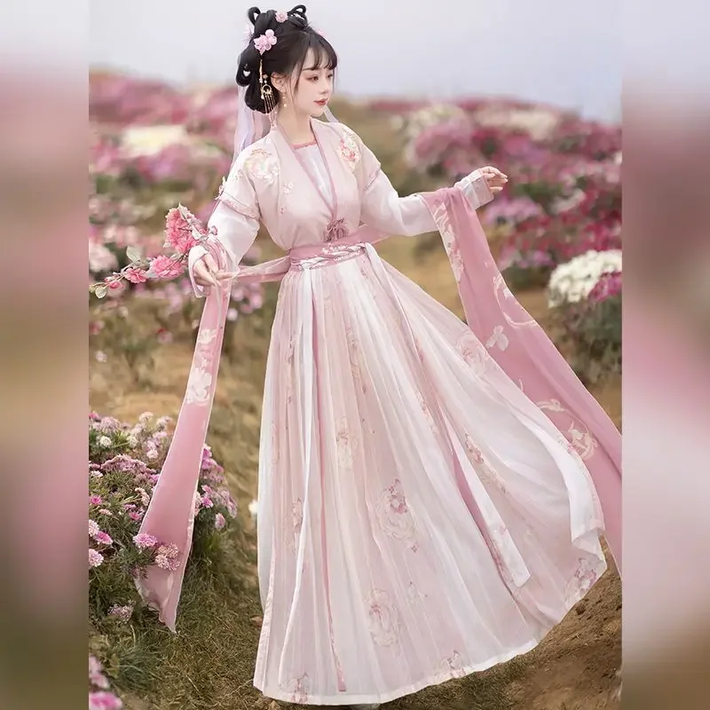 Women Ancient Chinese Hanfu Dress Costumes Pink Embroidered Coat White Blouse Printed Skirt Vestidos Elegantes Para Mujer