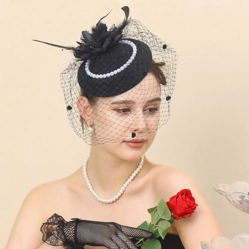 

Exquisite Mesh Feather Headband Pearl Elegant Vintage Fascinator Hat Headpiece Top Hat Gloves Top Hat Necklace Set Dance Show