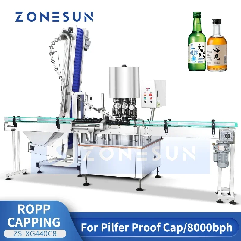 Zonesun Tappatrice automatica ROPP a 8 teste Tappatrice rotativa ad alta velocità Attrezzatura per tappatura a prova di pilfer ZS-XG440C8