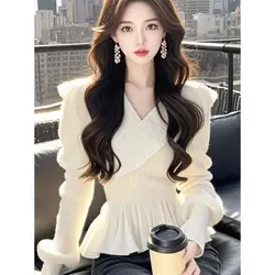 Women Clothing Temperament Elegant Knitted Sweaters Fashion Slim Tops Autumn Winter Chic Solid V-neck Pullovers