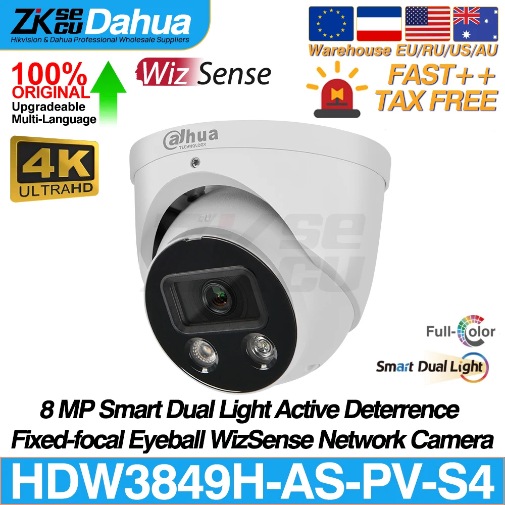 

Dahua Original IPC-HDW3849H-AS-PV S4 8MP 4K умная двойная фотография, активное отслеживание, сетевая POE IP-камера, полноцветное аудио