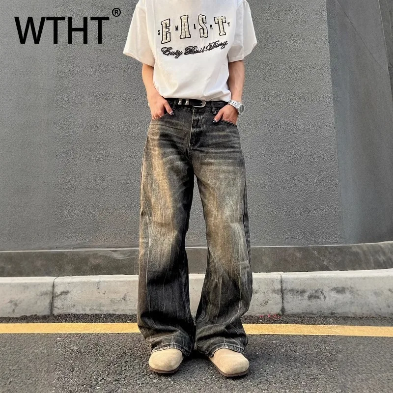 

WTHT Vintage Men's Gradient Do Old Design High Street Denim Pants Fashion American Style Straight Jeans Male 2025 Summer 2A1142