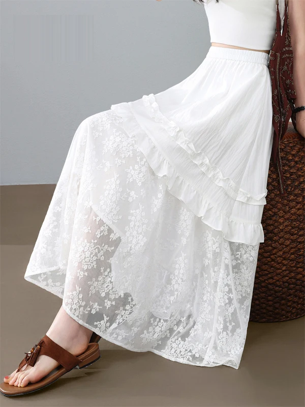 Fairylike Lace A-Line  Skirt Women's Summer Thin High Waist Loose Breathable Casual Skirts Polyester Hollow out