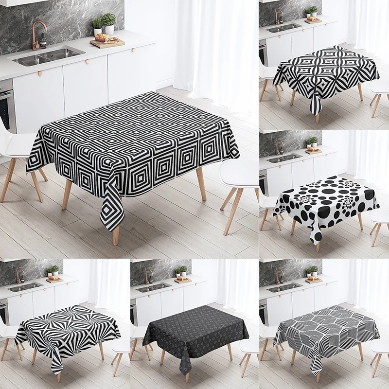 

Waterproof Black and White Geometric Plaid Tablecloth Wedding Restaurant Decor Rectangular Kitchen Table Home