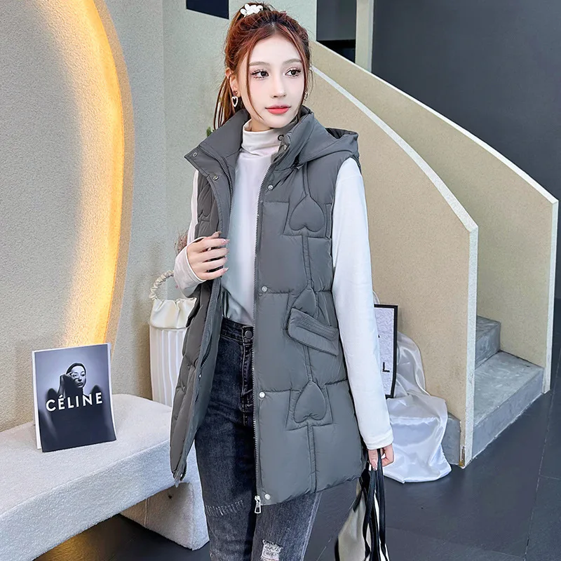 Women Mid Long Coat Vest New Autumn Winter Sleeveless Warm Cotton Padded Coat Waistcoat Hooded Vest Down Cotton Jacket Outwear