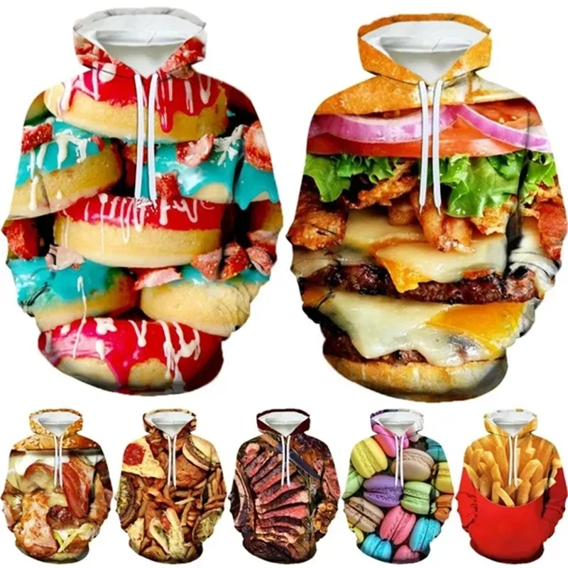 3D Printing Funny Food Graphic Hoodies For Men Long Sleeve Hooded Pullover Sweatshirt Casual Oversized Mens Hoodies Tops