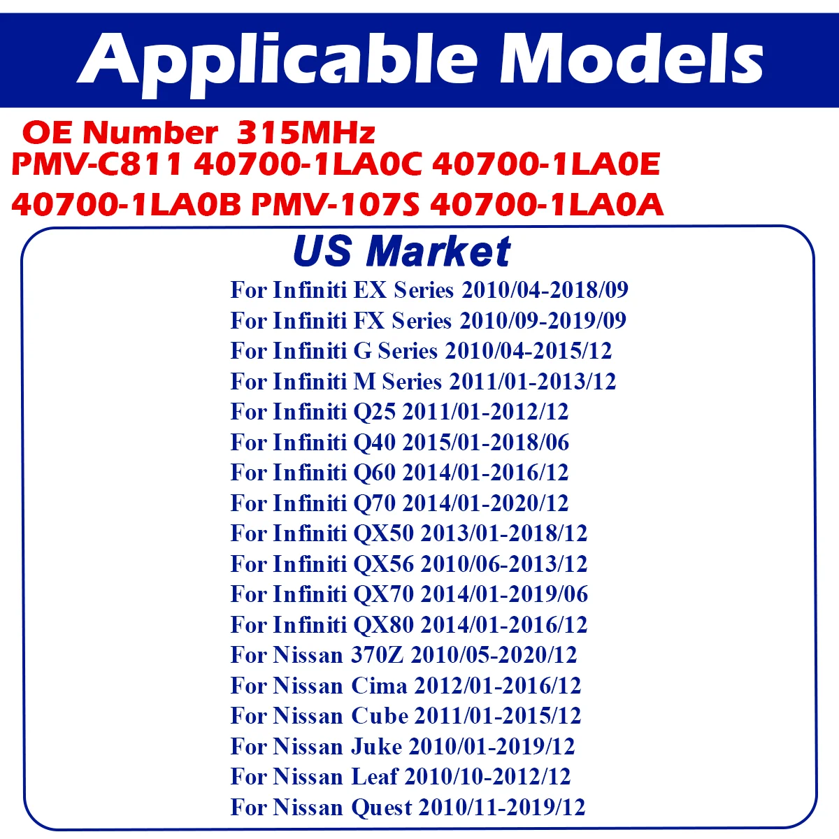 PMV-C811 40700-1LA0A TPMS Tire Pressure Sensor For Nissan Leaf Cube Juke Cima  Infiniti EX FX G M Series Q25 Q40 Q60 QX70 315MHz