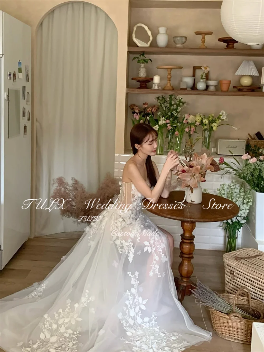 TULX 高級アイボリーレース A ラインロングウェディングドレス韓国写真撮影セクシーな恋人ブライダルドレスコルセットカスタマイズ 웨딩드레스