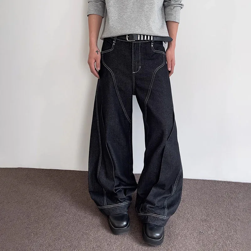 春と秋のメンズカーブジーンズ、複数の可視ライン、メンズストレートレッグパンツ、フレアジーンズ、Y2Kヒップホップパンツ