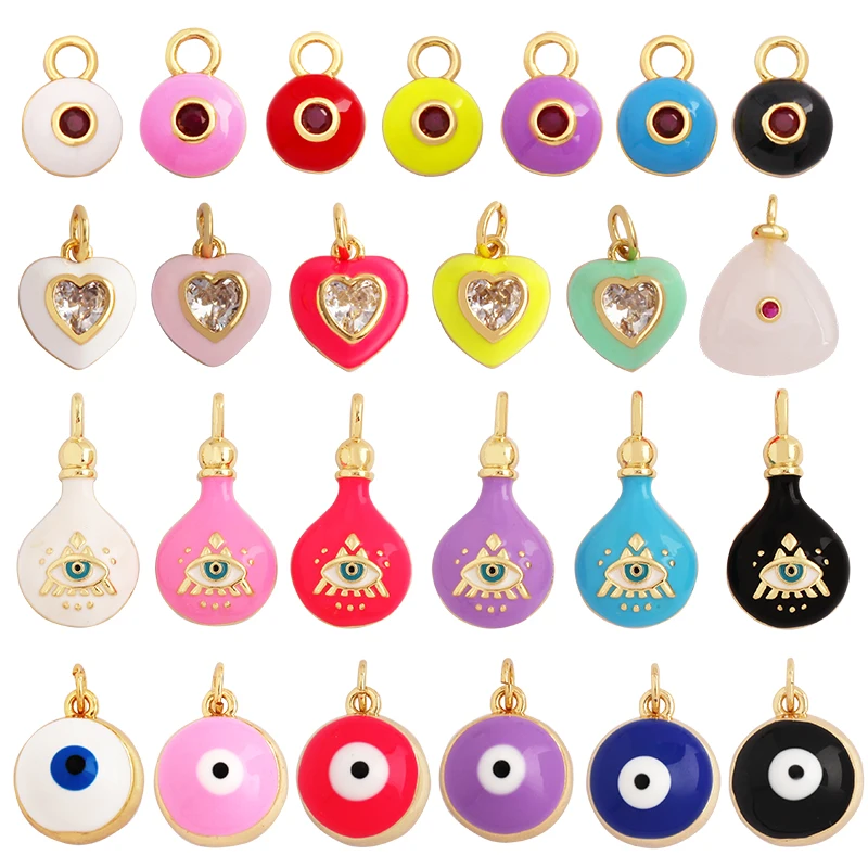 Love Heart Round Bell Lucky Evil Eye Geometry Style Charm Pendant,Trendy Colourful Enamel Zircon Necklace Accessice Supplies M65