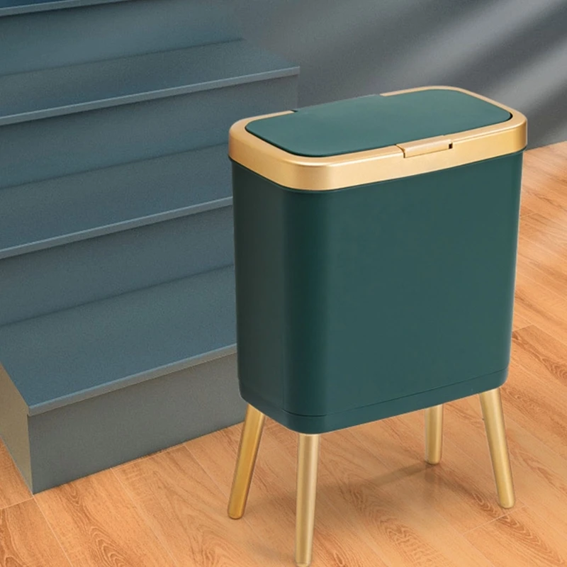 High Leg Push Trash Can Waste Bin with Press Open Lid Odor Sealing Perfect for Various Rooms, Stain Resistant