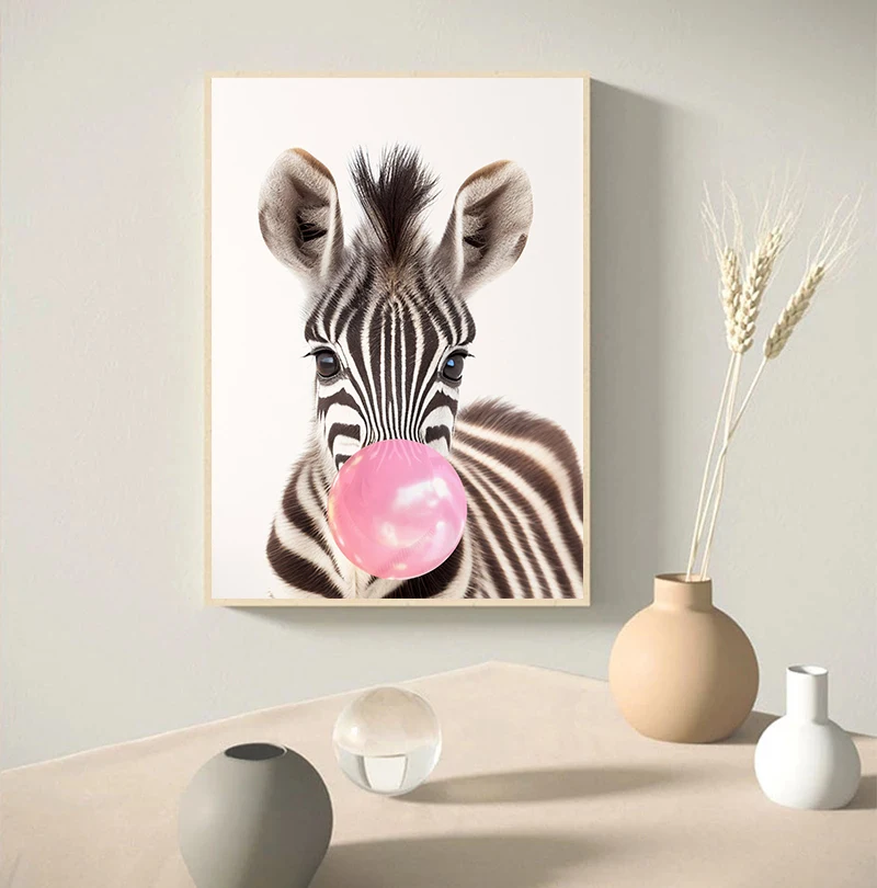 Baby Zebra Rabbit Deer Zebra Raccoon with Pink Gum Poster Baby Animals Nursery Wall Art Canvas Painting Print Wall Decor Mural