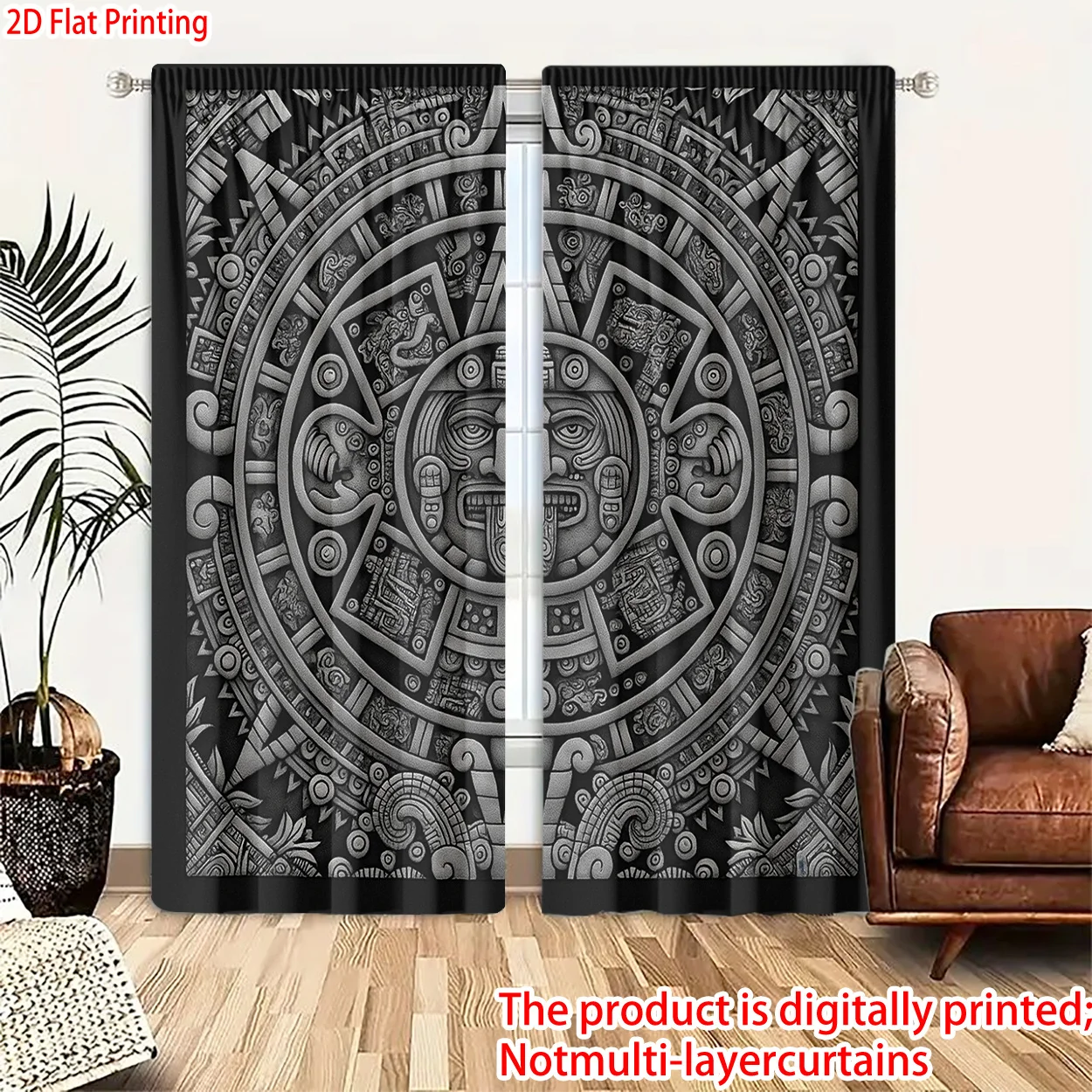 Aztec Maya Sun Stone Totem Window Curtains 2 Panels, Gray Relief Carving Ancient Tribal Calendar Dark Black Base Decor Curtain
