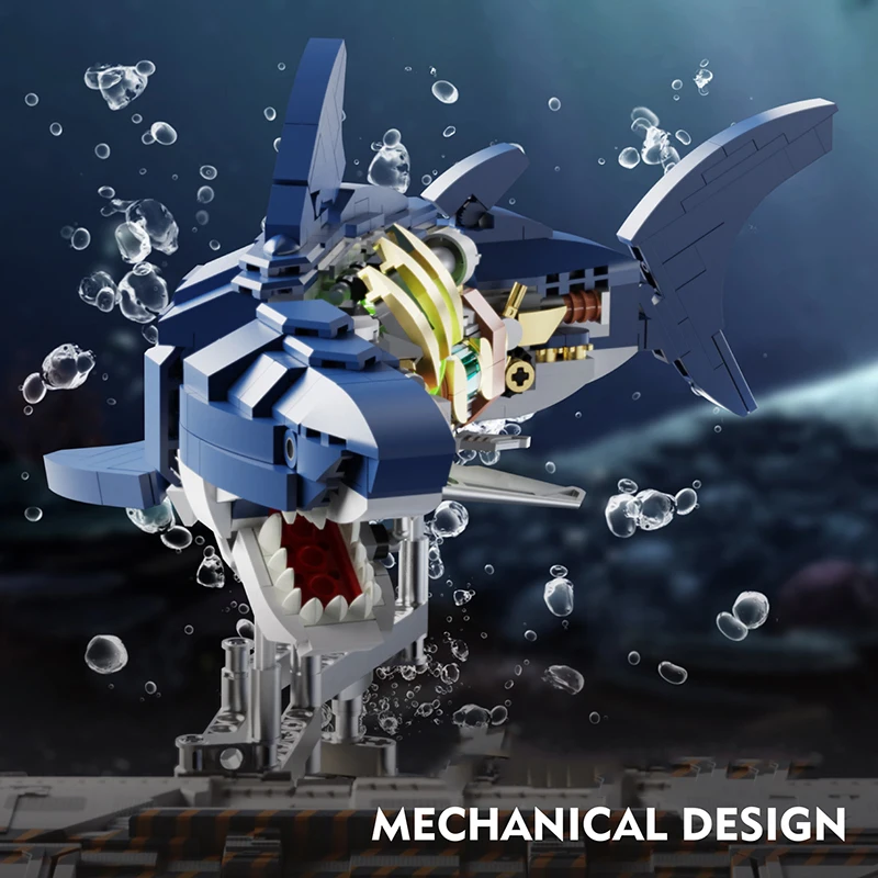 Set Model Blok Bangunan Mainan Elektrik Hewan Laut Hiu Mekanis Pendidikan STEM Kreatif Batu Bata Perakitan Gaya MOC untuk Anak