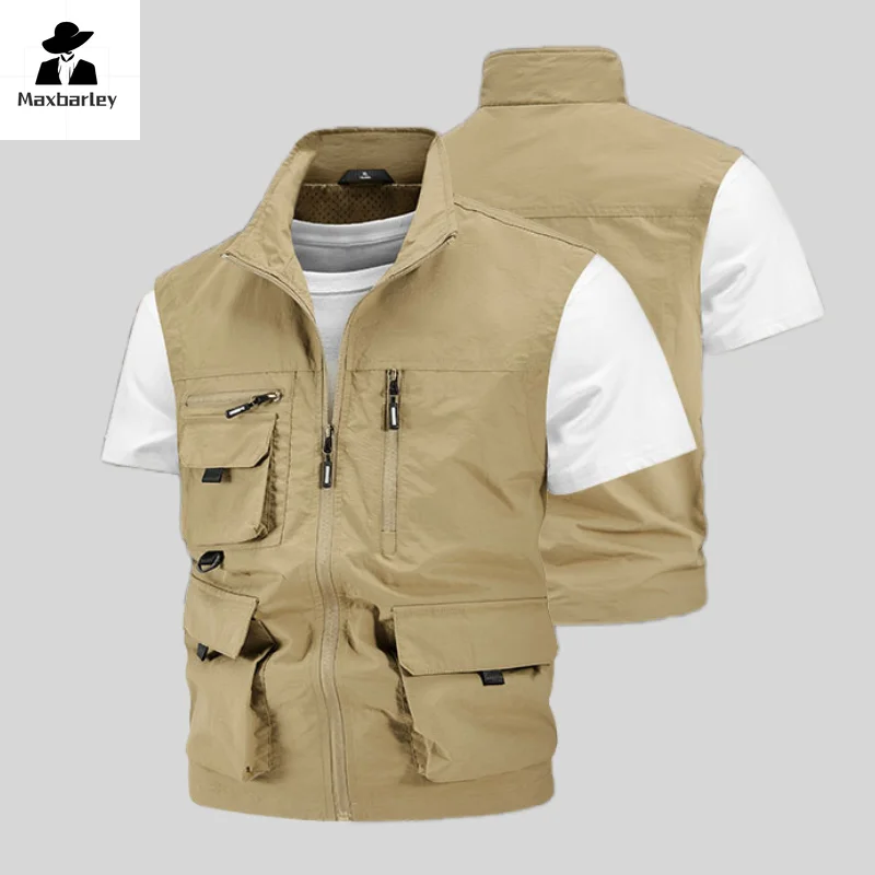 2024 Summer Men Sleeveless Fishing Tool Webbed Breathable Vest Men Many Pocket Outdoors Camping Thin Lightweight Loose Vest Male