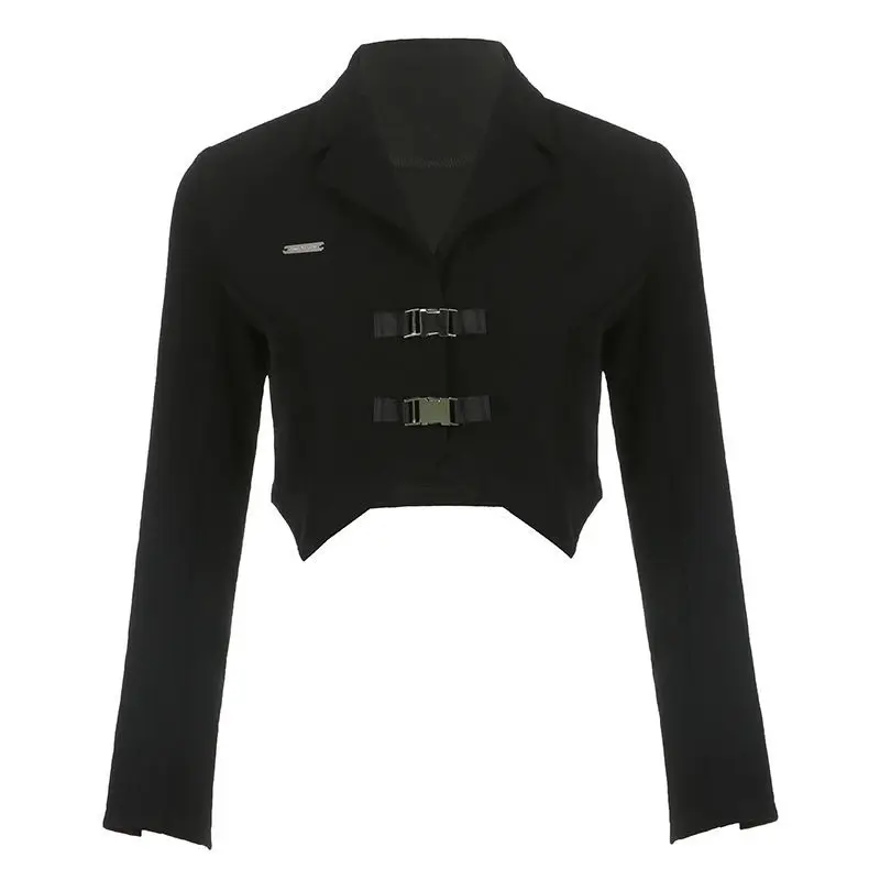 Beschnitten Schwarz Blazer Frauen Langarm Anzug Jacke Schnalle Gürtel Mode Frau Blazer 2023 Casual Streetwear Kurze Jacke