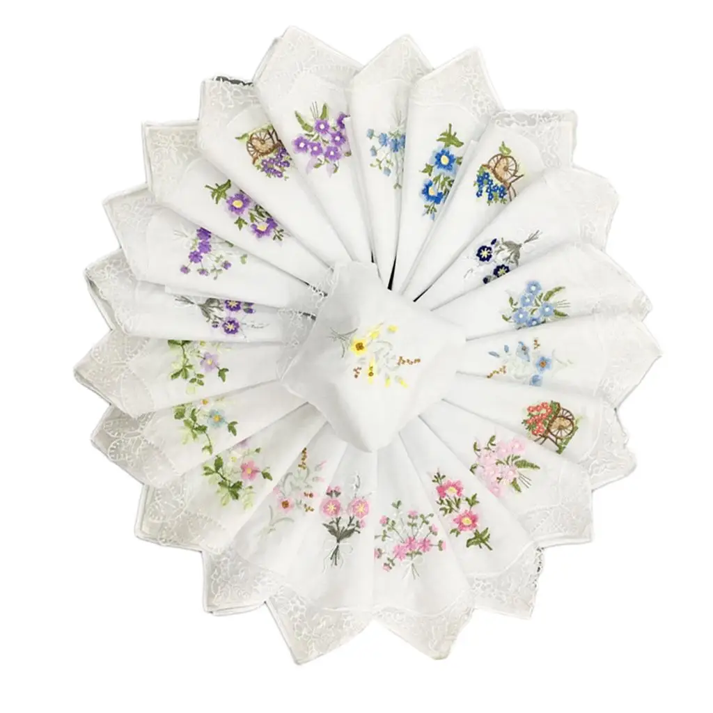 Pañuelos de encaje bordados elegantes para mujer, pañuelos florales de mariposa, 12 unidades