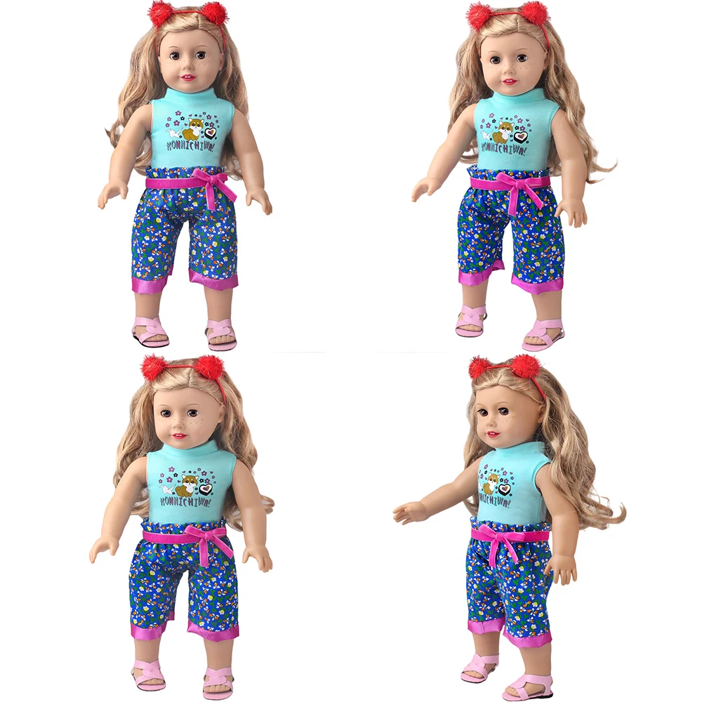 18 Inch Doll Girl Beautiful Three Piece Set Doll Top Floral Five Quarter Pants Headband Doll Daily Outfit Doll Accessories