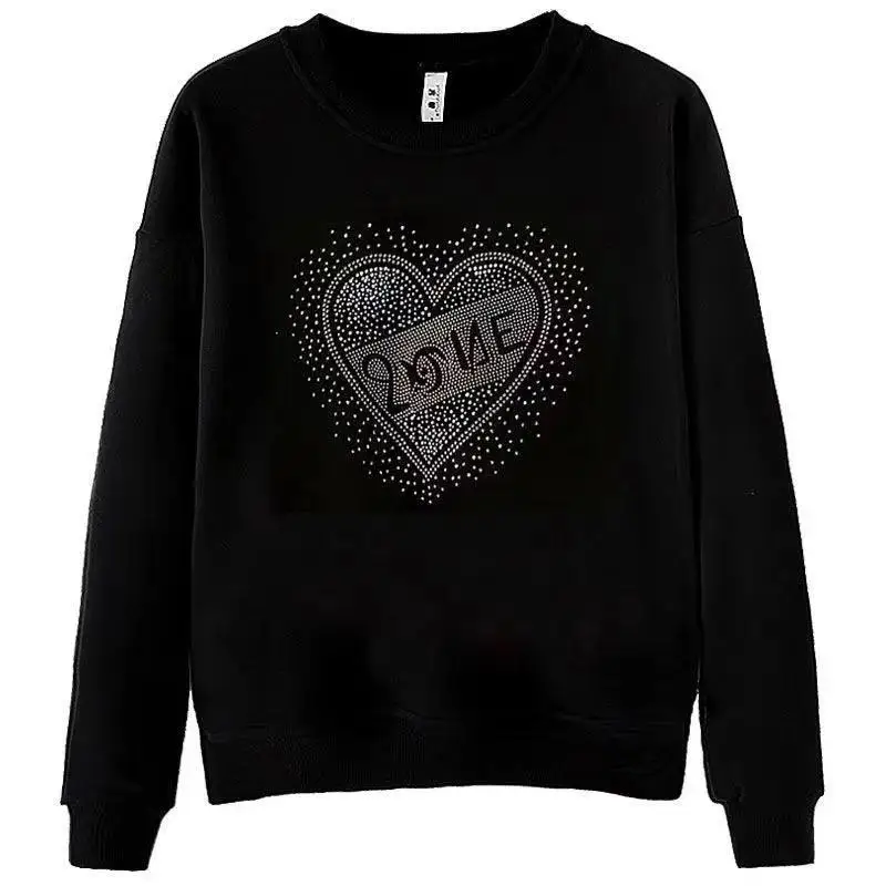 Women's Clothing Autumn Winter Round Neck Lantern Long Sleeve Loose Casual Letter Geometric Rhinestone Pullover Hoodies Tops