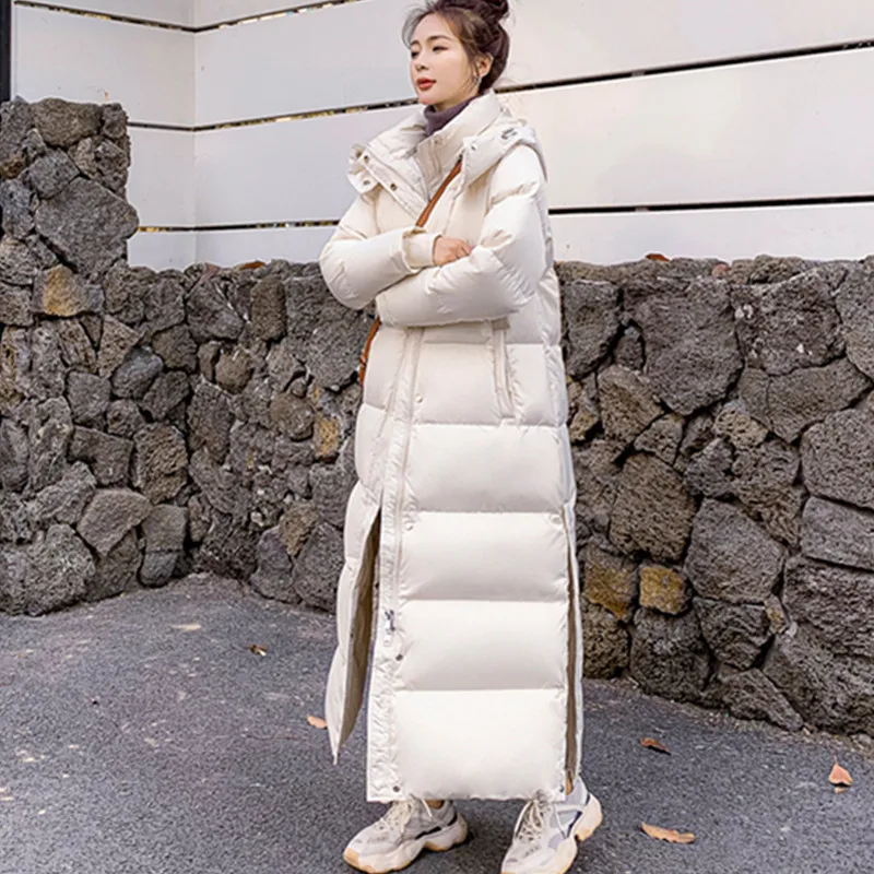 2024 Winter New Korean Thicken X-Long Down Jacket for Women Hooded Extra Long White Duck down Coat Female Warm Parker Overcoat