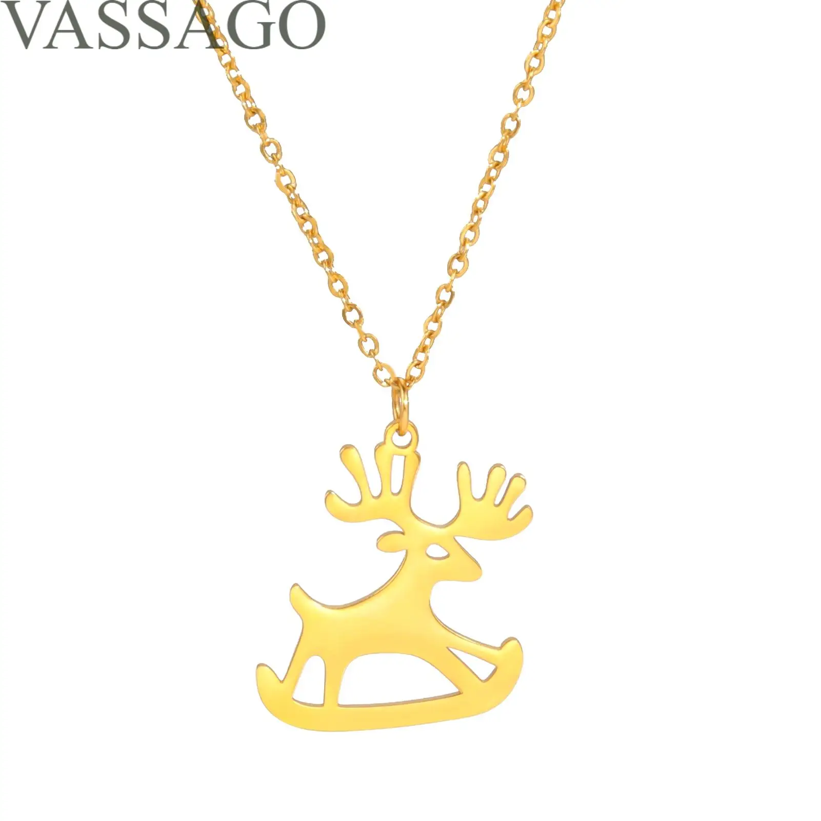 VASSAGO Antler Elk Pendant Necklace For Women Elk Sled Necklace Stainless Steel Skateboard Animal Necklace Children's Jewelry