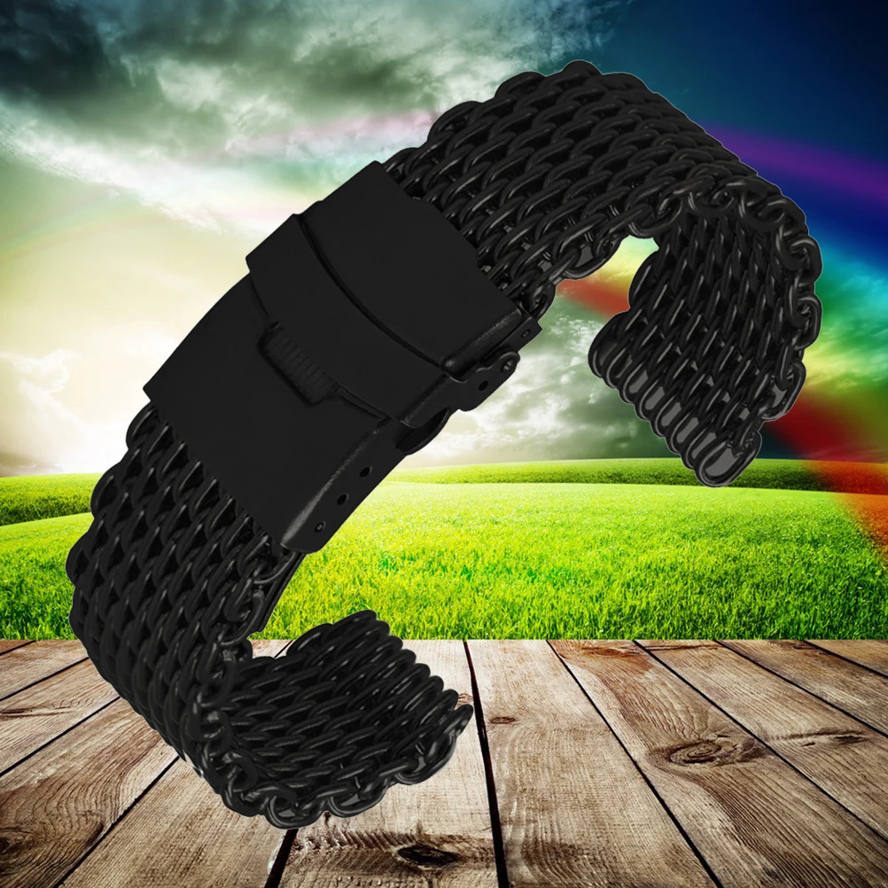 

22Mm Mesh Watchband Stainless Steel Fashion Metal Strap with Shark Design for Daily Sports Use Comfortable Black