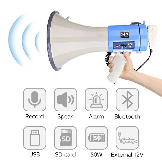 Megaphone Outdoor Wireless Alarm Siren Megafonos Speaker Handheld Custom Battery Rechargeable 50W Big loudspeaker Megaphone