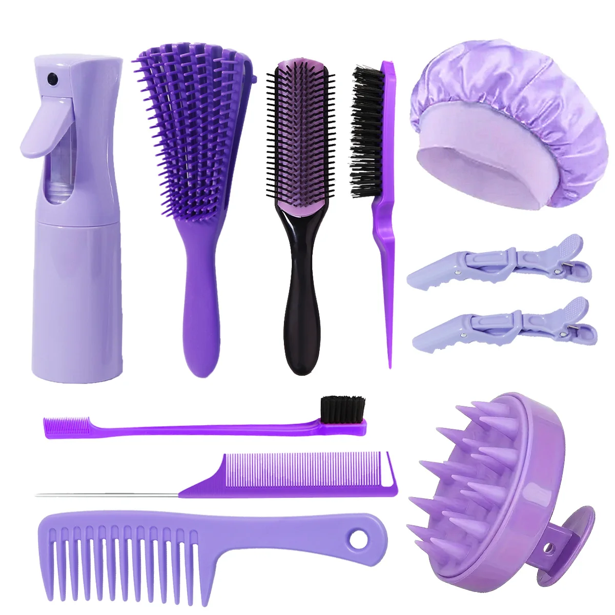 11pcs hairdressing tool set, hair anti knot brush and comb, with spray bottle and sleeping cap,Special for real hair wigs