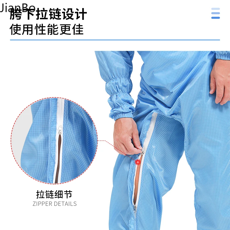 Grid Hooded Cleanroom Suit with Crotch Zipper Grid Clean Suit Full Body Dustproof Antistatic Protective Workwear