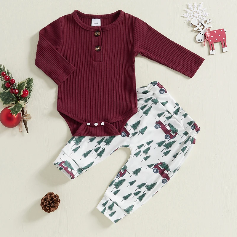 

Infant Holiday Outfits Jumpsuit with Festive Reindeer Print Leggings 2Piece Fall Clothes for Christmas