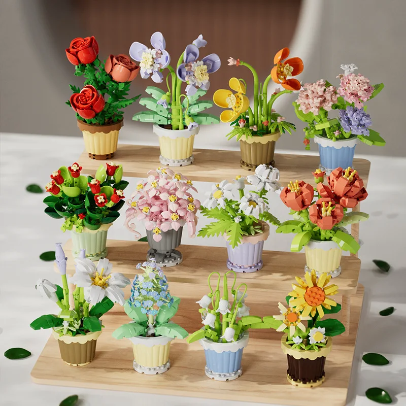 Creative Building Block Bouquet,ดอกไม้นิรันดร์กระถางของขวัญ,Rose Sunflower Potted Plant,ประกอบอาคารบล็อกของเล่น