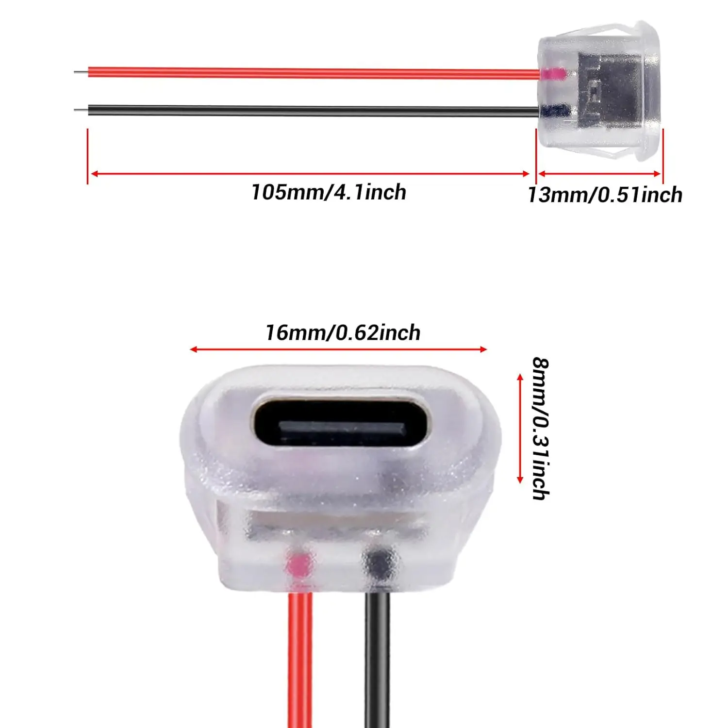 8pcs USB Type-C Female Chassis, 3A 2pin Without LED and Terminal 24AWG USB C Pigtail Cable Extension Power Cable 3A 2-pin Solder