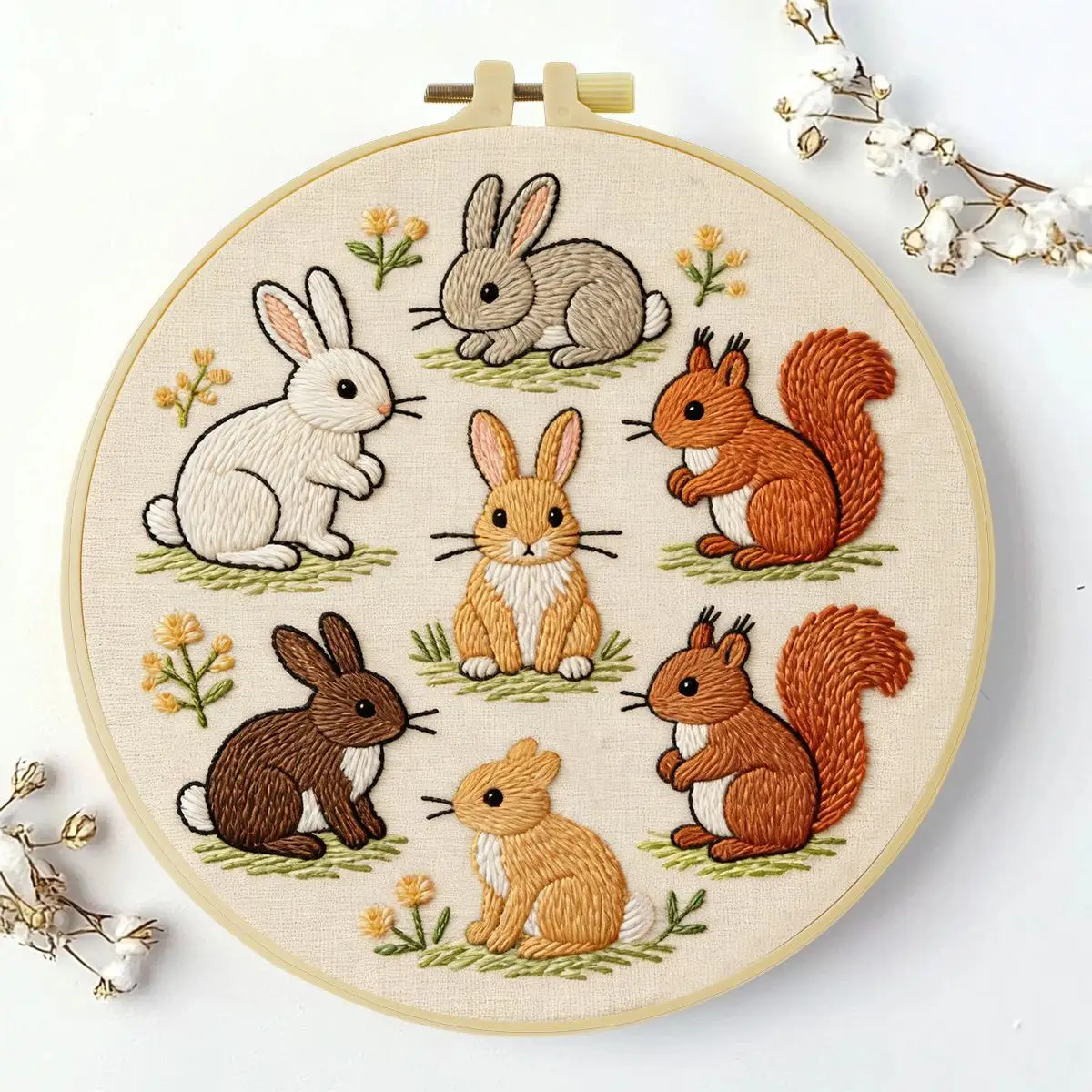 1 Stück 20X20CM/15X15CM 7,87/6,3 Zoll Stickerei-Starter-Kit mit Hasen und Eichhörnchen DIY-Kit DIY-Stickerei-Kit Handarbeiten Nähkunst – Detail 2