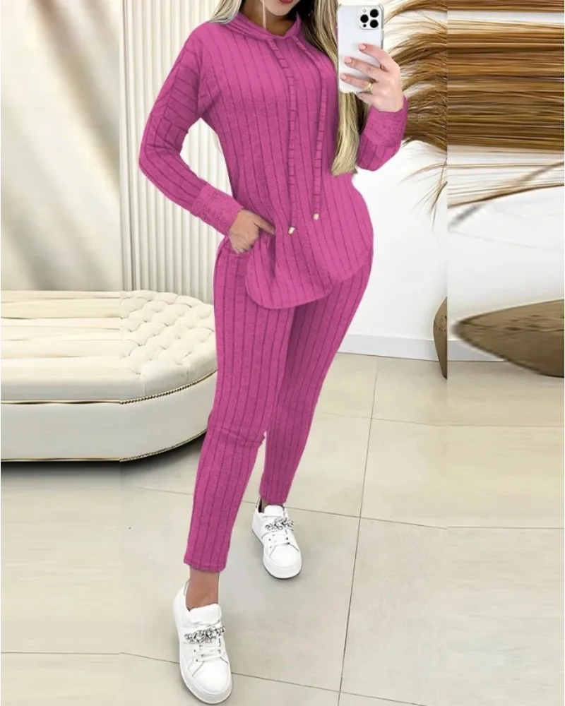 

Женские повседневные модные костюмы, осенне-зимний однотонный минималистичный комплект из толстовки с капюшоном и брюк с высокой талией и карманами