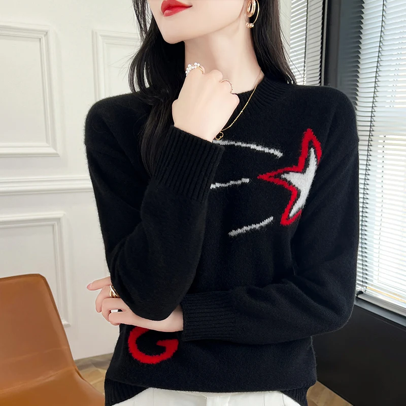 Cashmere Sweater Women\'s 2024 Autumn/Winter New Knit Round Neck Pullover 100% Wool Loose Korean Fashion Luxury Female Clothing