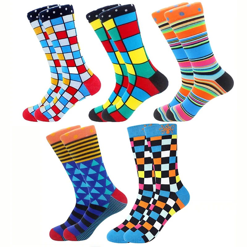5 Pairs Men's Novelty Crew Socks Colorful Geometric Checkered Striped Pattern Casual Funny Socks Gift