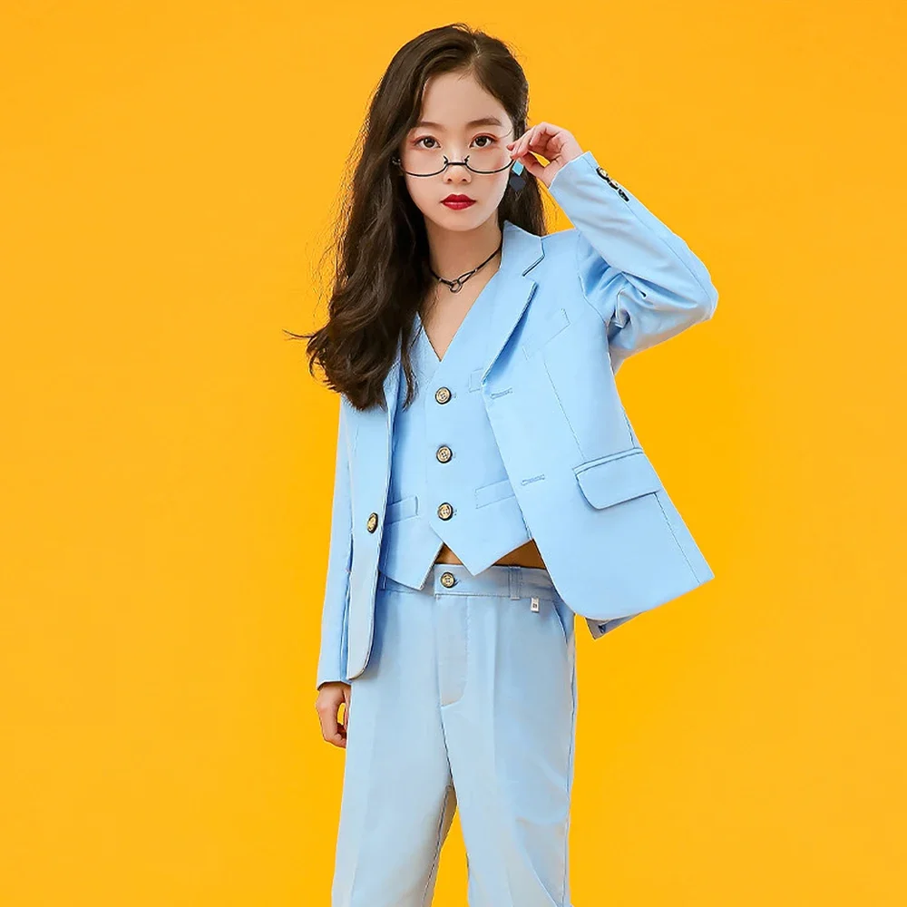 New Fashion Suit for Girls Solid Formal 3 Piece Party Casual Wedding Tuxedo Slim High Quality Child Costume (Blazer+Vest+Pants)