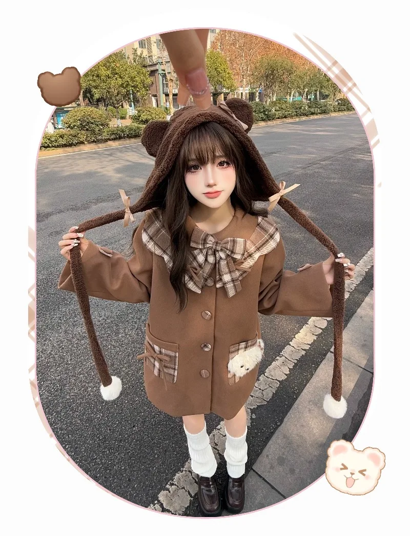 Cute Cartoon Plush Puppy Plaid Bow Doll Collar Thickened Warm Wool Coat Women Autumn Winter New Japanese Sweet Coffee Color Coat