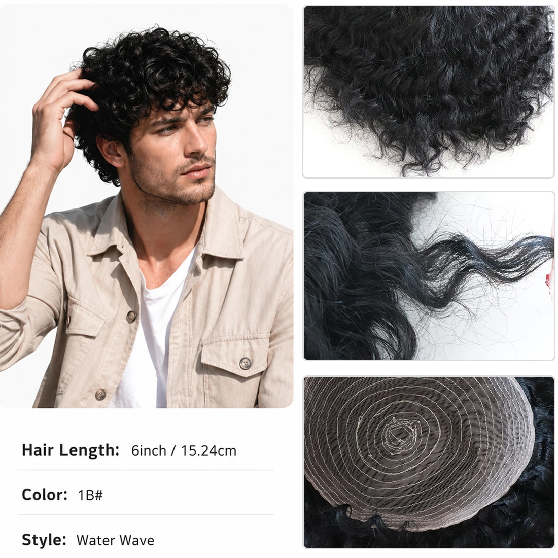 Men's Small Spiral Curly Toupee S Shape Natural Curl Hair System #1B Black Lace Base Topper Hair Replacement for Sparse Hair