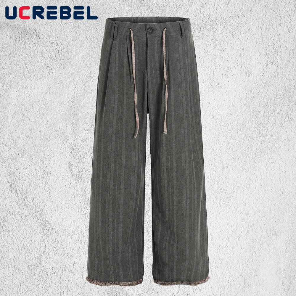 مخطط البدلة السراويل الرجال الخام حافة الرجعية شارع العليا فضفاض واسعة الساق الرباط عارضة السراويل رجل #4