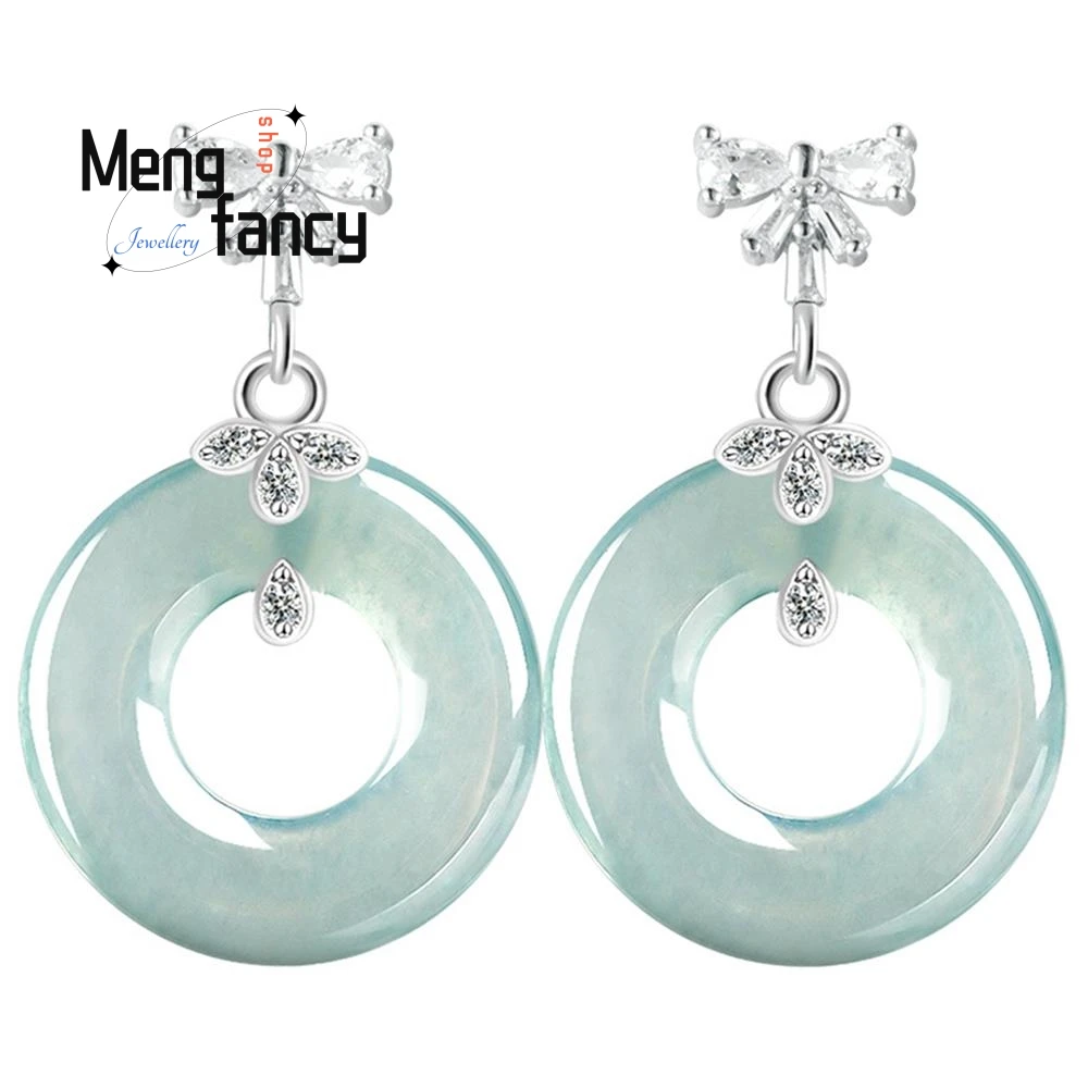 Natural A-goods Jadeite Blue Water Ice Jade Earrings S925 Silver Inlaid High-grade Fashion Exquisite Luxury Jewelry Holiday Gift