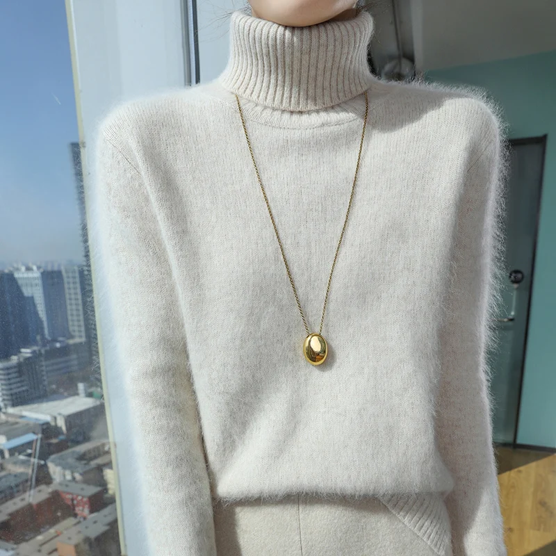 

100% Mink Cashmere Women's Long Sleeve Pullover Autumn Winter Turtleneck Sweater Solid Color Warm Soft Elegant Fashion Top