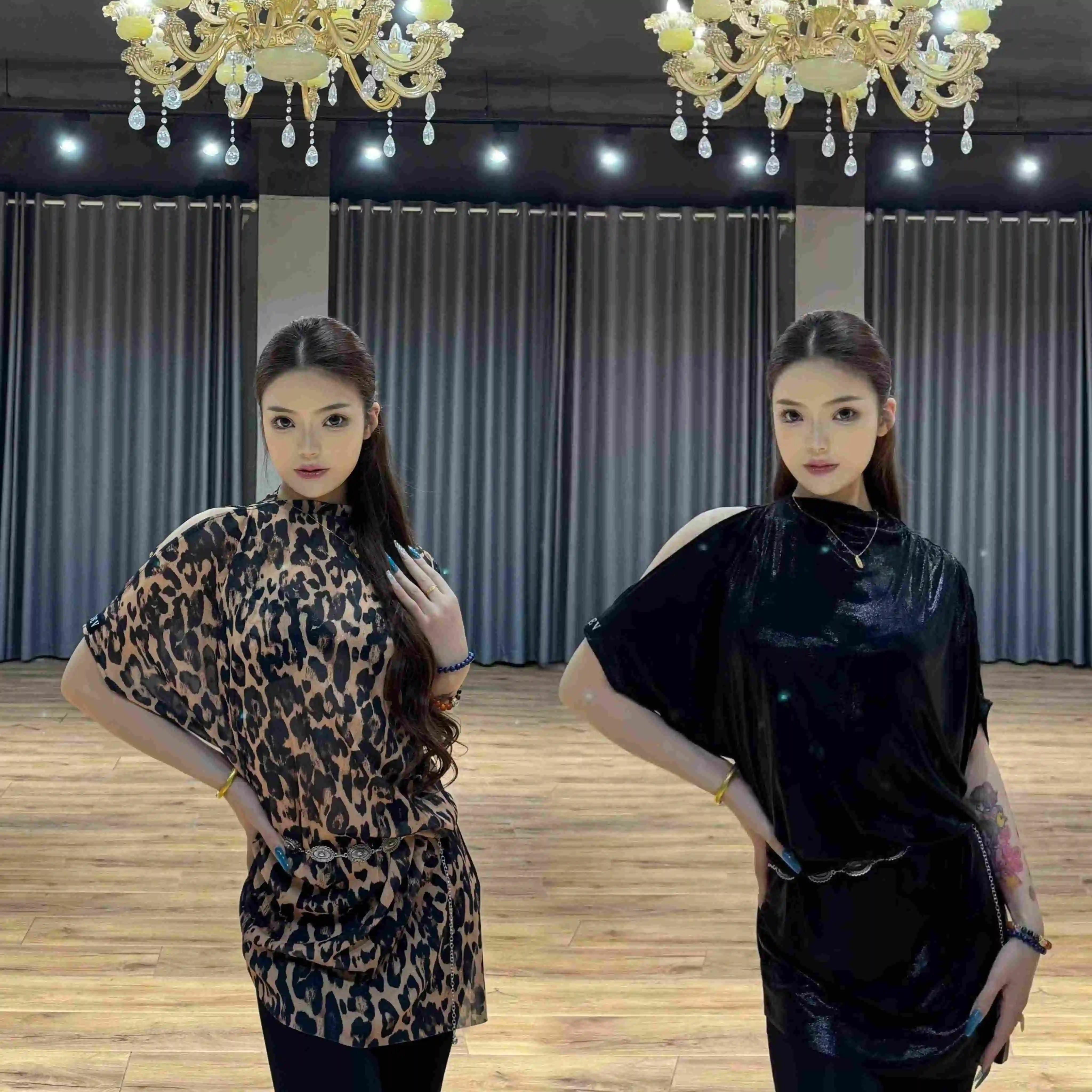

2025 New Latin Dance Dress For Women Loose High Neck Short Sleeved Practice Clothes Chacha Rumba Adult Latin Costumes DQS19588