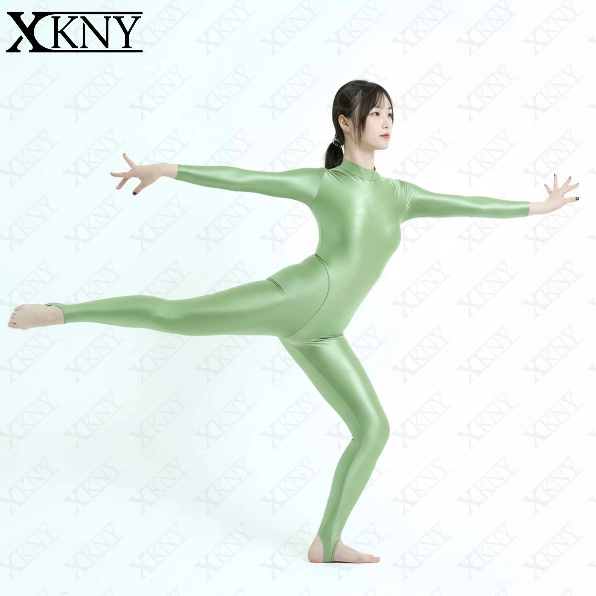 XClocKNYoung satin glossy bodysuit High Neck Long Sleeve jumpsuit V-shaped crotch Unisex full body zipper Leotard OIL BODYSUIT