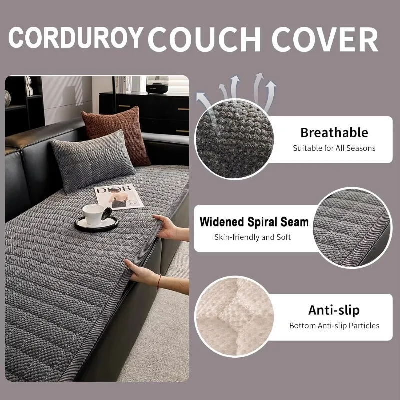 Pet & Kid Friendly Thickened Corduroy Couch Slipcover, Non-slip Universal Sofa Mat, Furniture Protector for Living Room